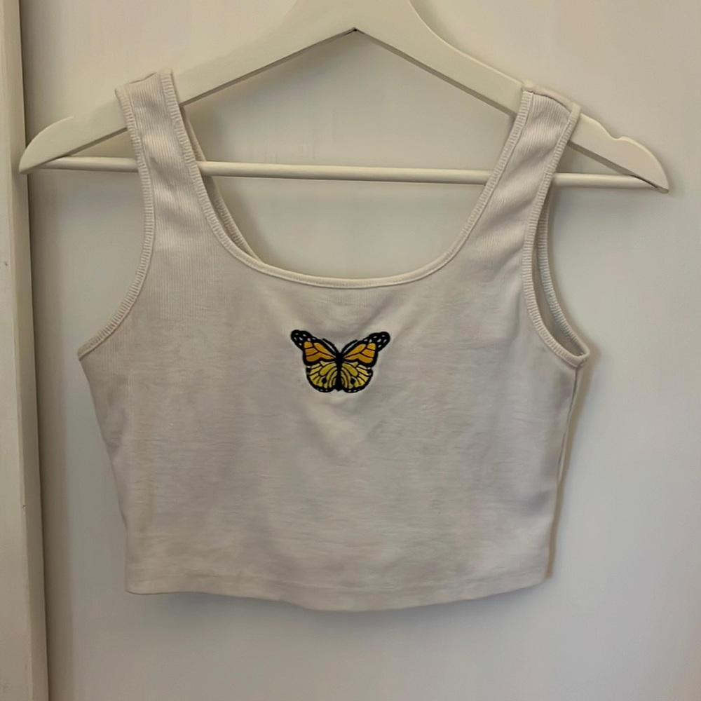 White Butterfly Ribbed Cropped Tank Top